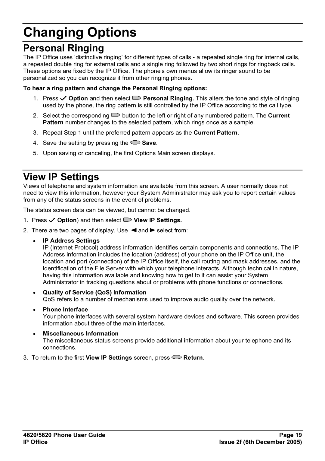 Avaya 5620 manual Changing Options, Personal Ringing, View IP Settings 