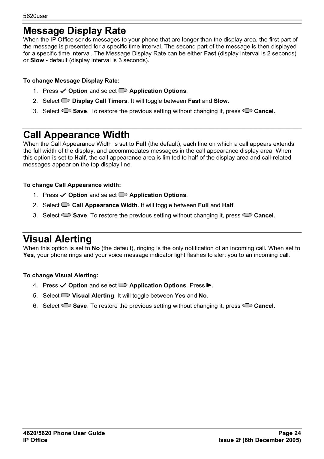 Avaya 5620 manual Message Display Rate, Call Appearance Width, Visual Alerting 