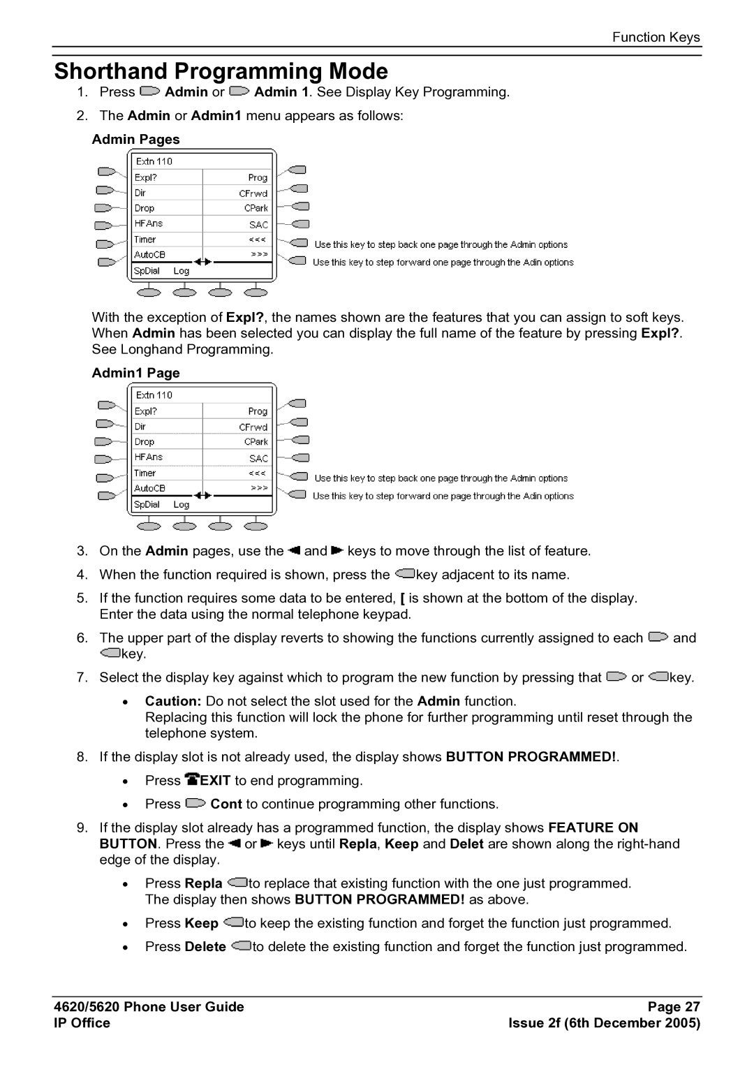 Avaya 5620 manual Shorthand Programming Mode, Admin Pages, Admin1 