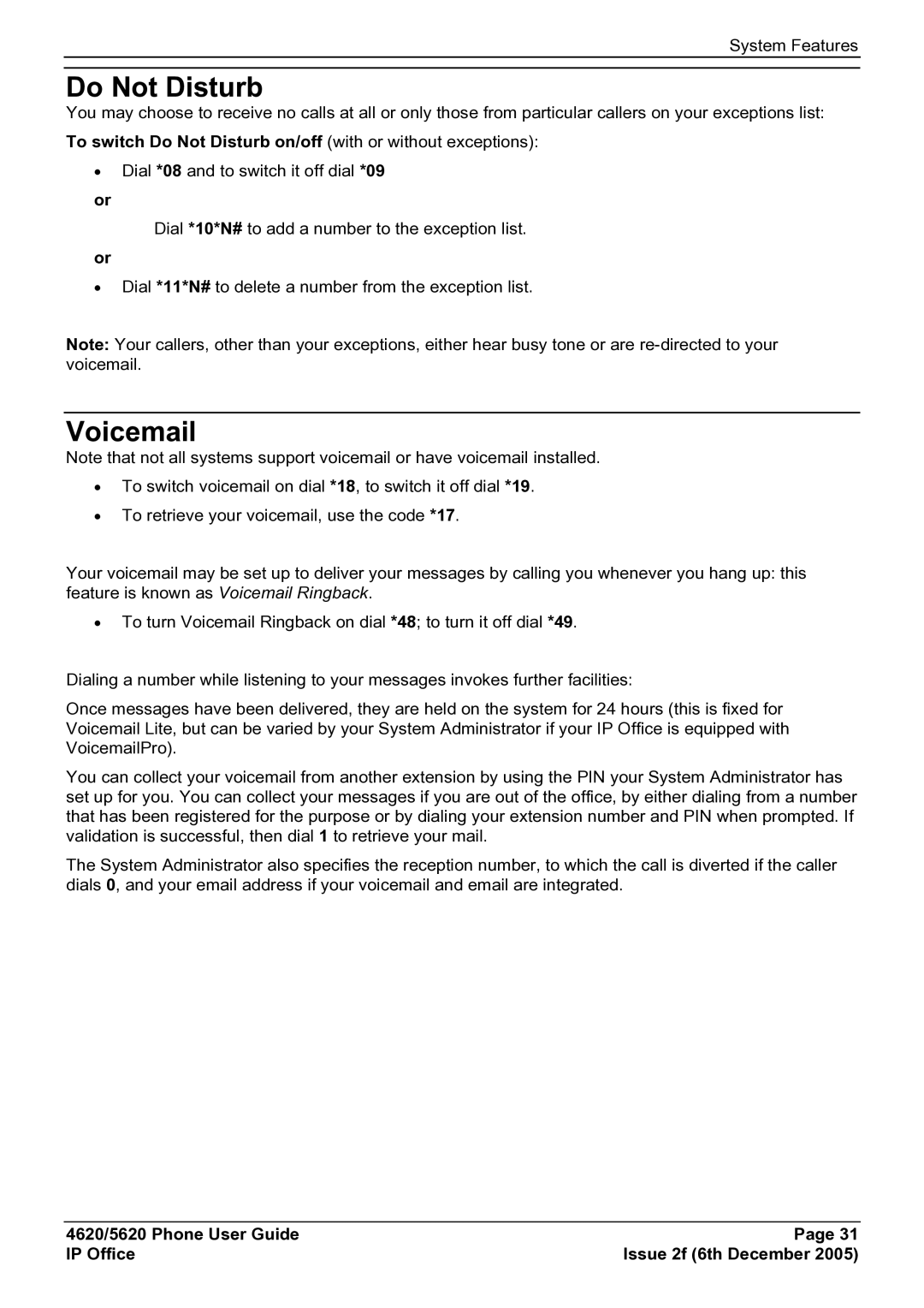 Avaya 5620 manual Voicemail, To switch Do Not Disturb on/off with or without exceptions 