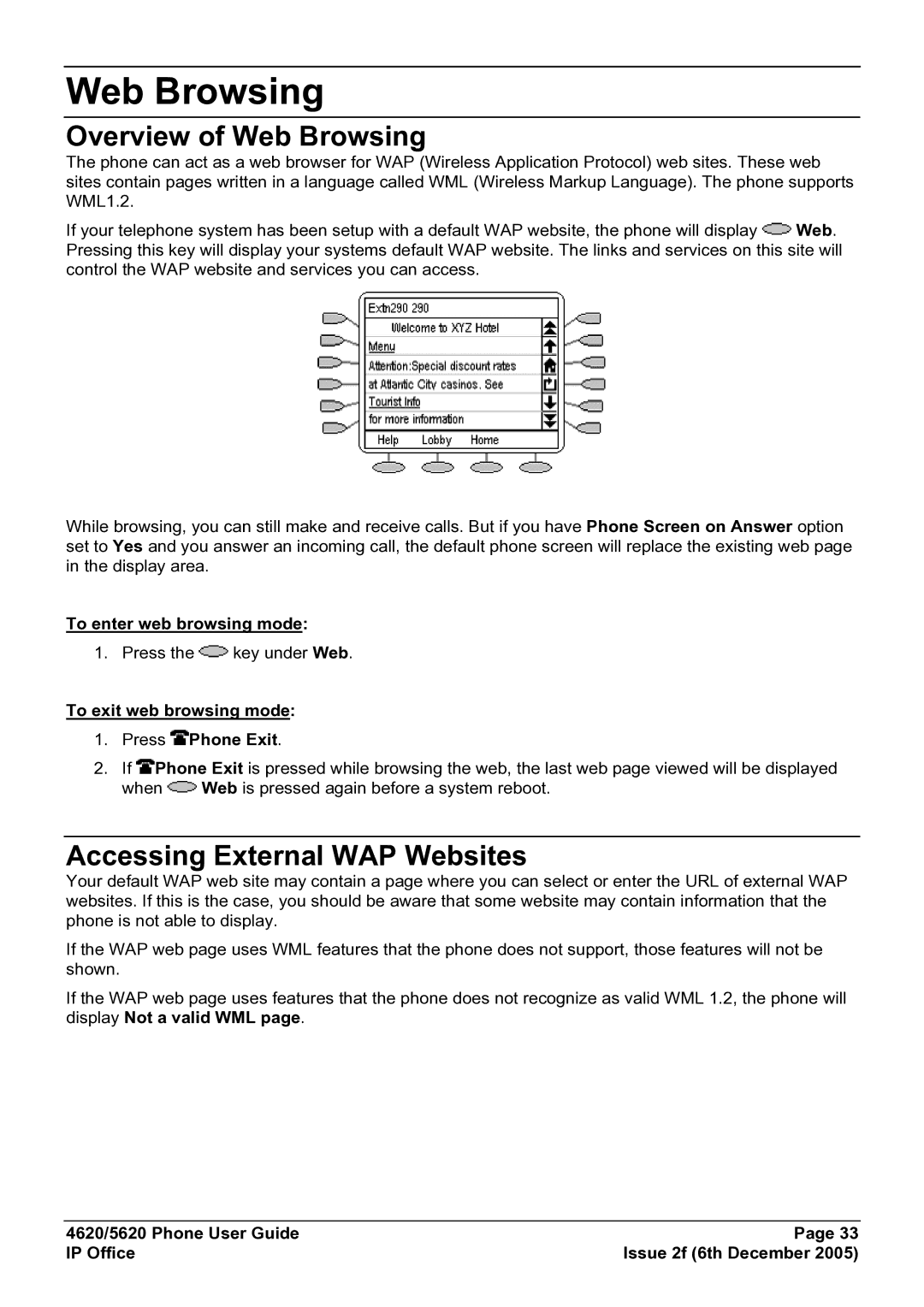 Avaya 5620 manual Overview of Web Browsing, Accessing External WAP Websites, To enter web browsing mode 