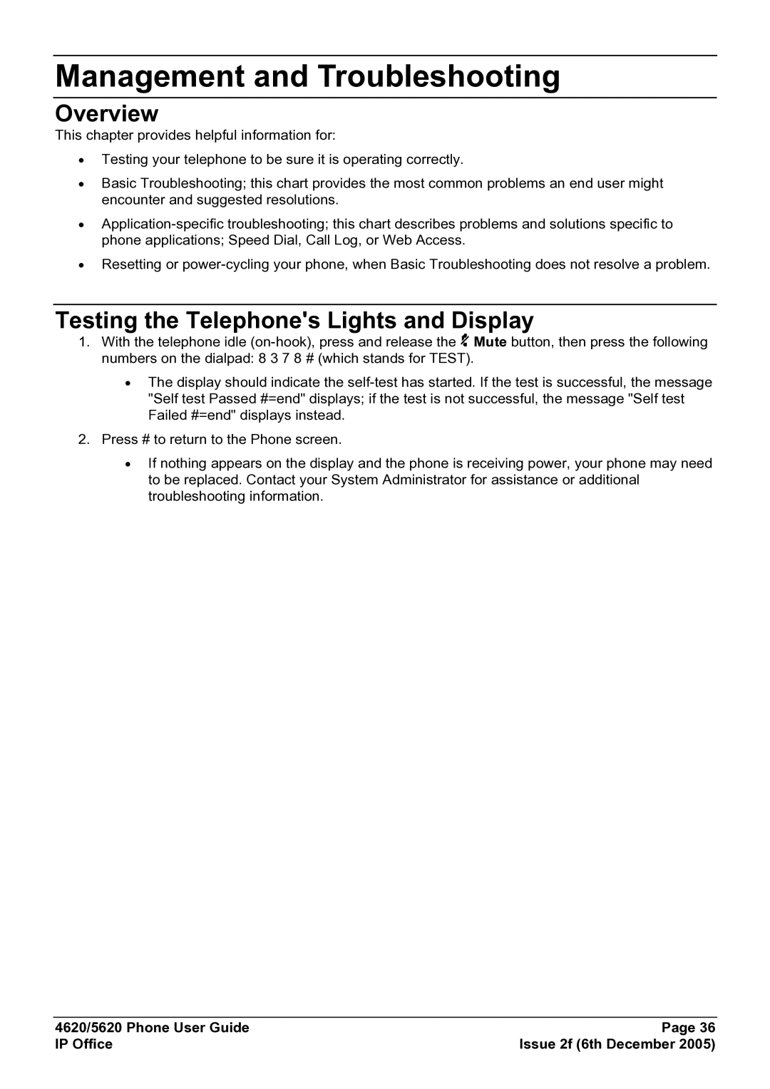 Avaya 5620 manual Management and Troubleshooting, Testing the Telephones Lights and Display 