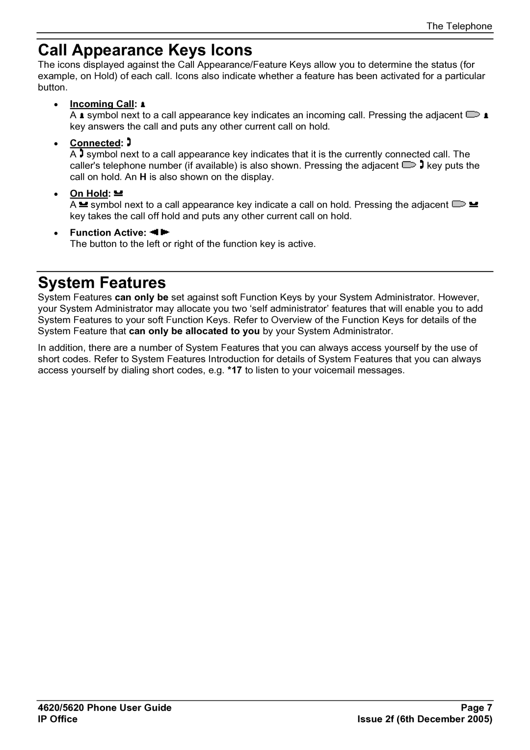 Avaya 5620 manual Call Appearance Keys Icons, System Features 