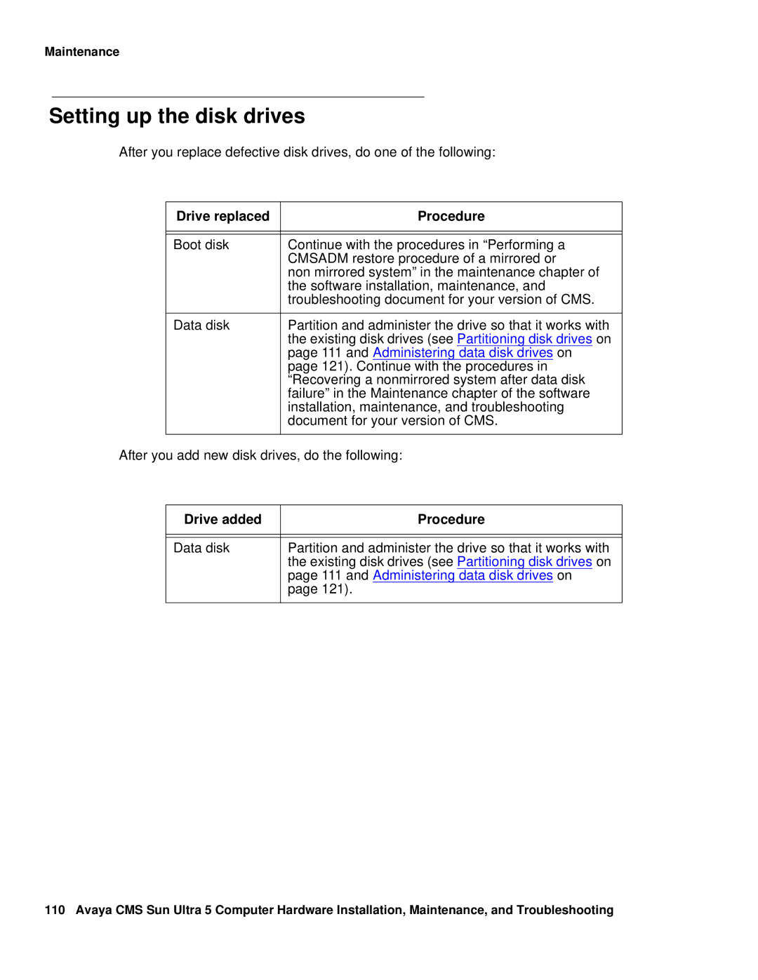 Avaya 585-215-871 manual Setting up the disk drives, Drive replaced Procedure, Drive added Procedure 