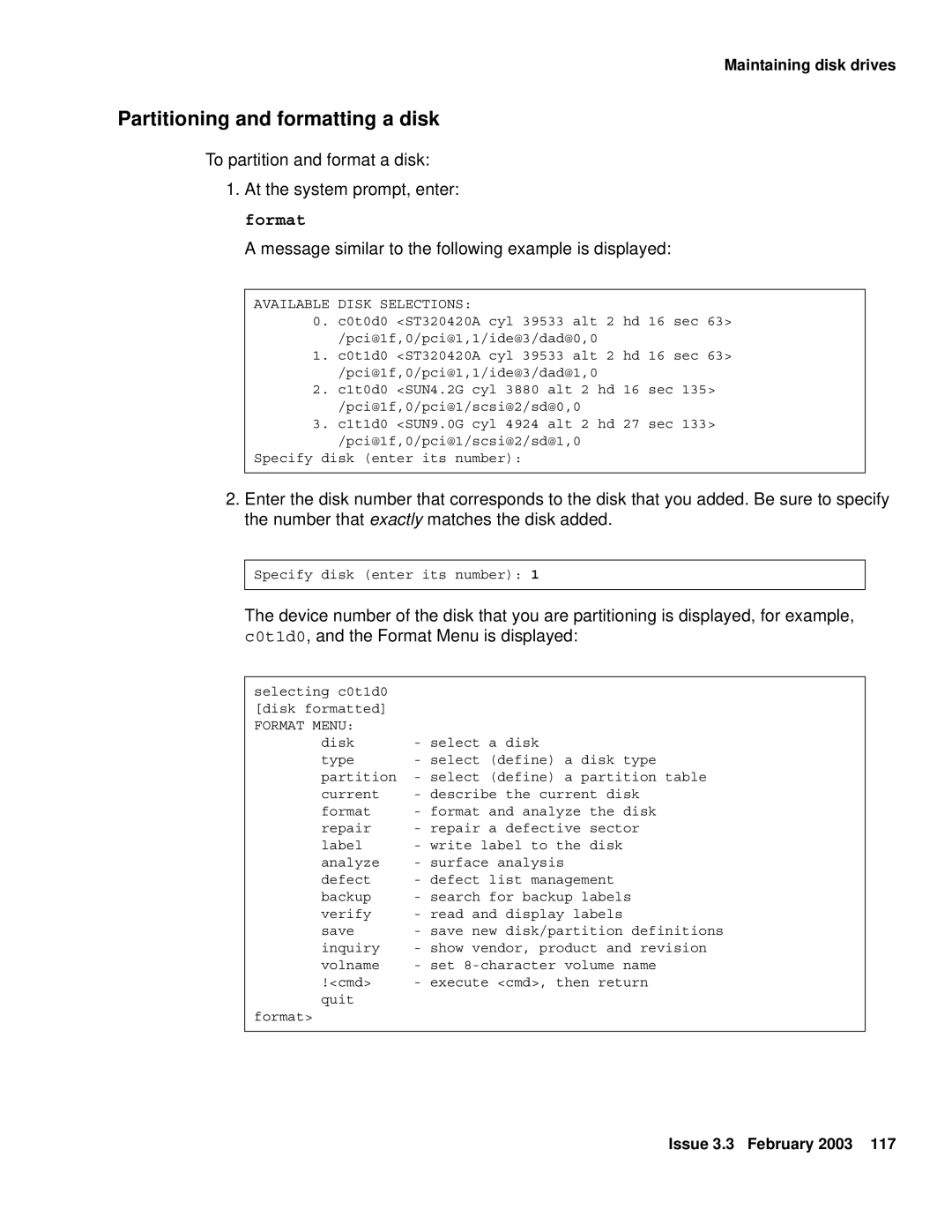 Avaya 585-215-871 manual Partitioning and formatting a disk, Available Disk Selections 