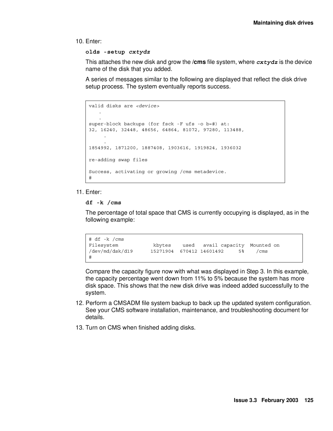 Avaya 585-215-871 manual Olds -setup cxtydz, Df -k /cms 