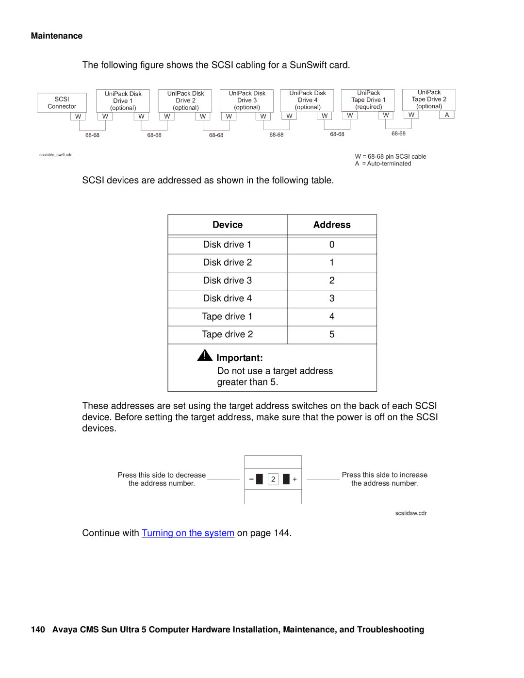 Avaya 585-215-871 Following figure shows the Scsi cabling for a SunSwift card, Continue with Turning on the system on 