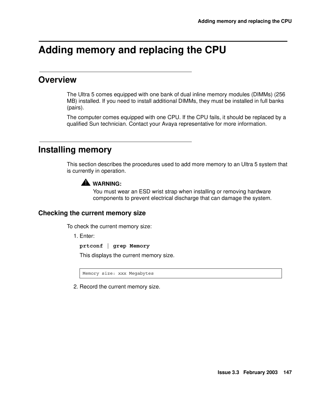 Avaya 585-215-871 manual Adding memory and replacing the CPU, Installing memory, Checking the current memory size 