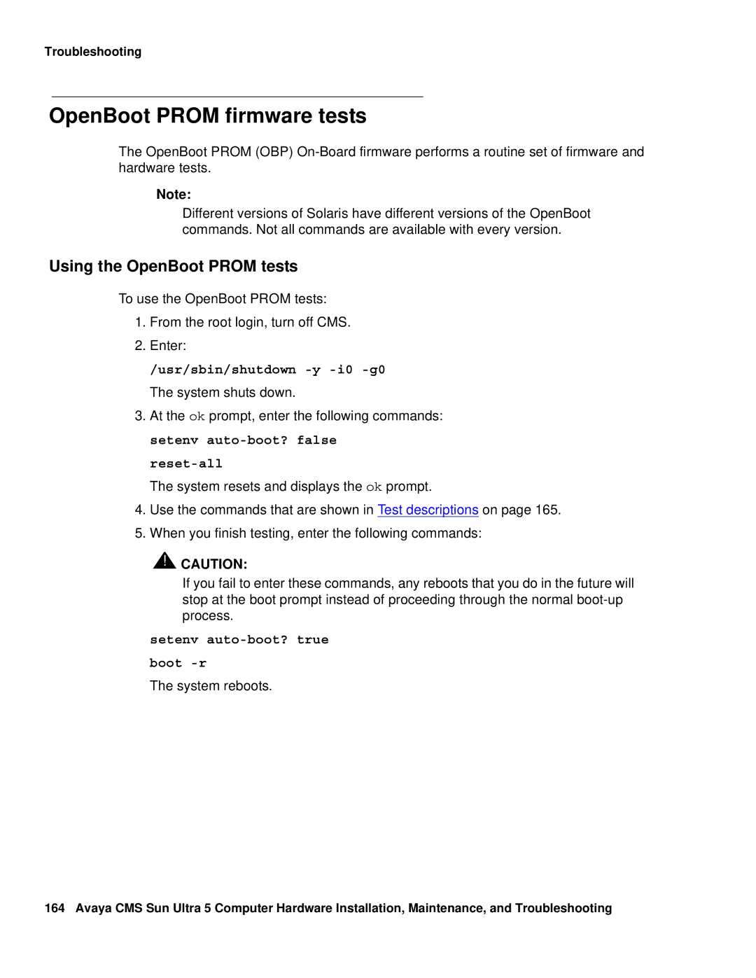 Avaya 585-215-871 manual OpenBoot Prom firmware tests, Using the OpenBoot Prom tests, Reset-all 