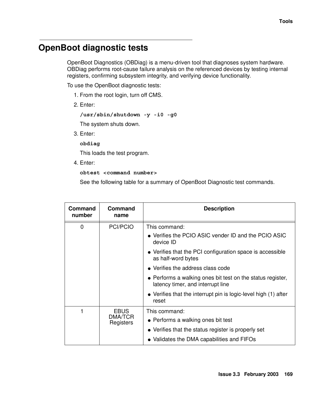 Avaya 585-215-871 manual OpenBoot diagnostic tests, Obtest command number, Name 