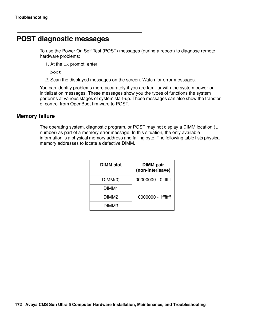 Avaya 585-215-871 Post diagnostic messages, Memory failure, Dimm slot Dimm pair, 00000000 0fffffff, 10000000 1fffffff 