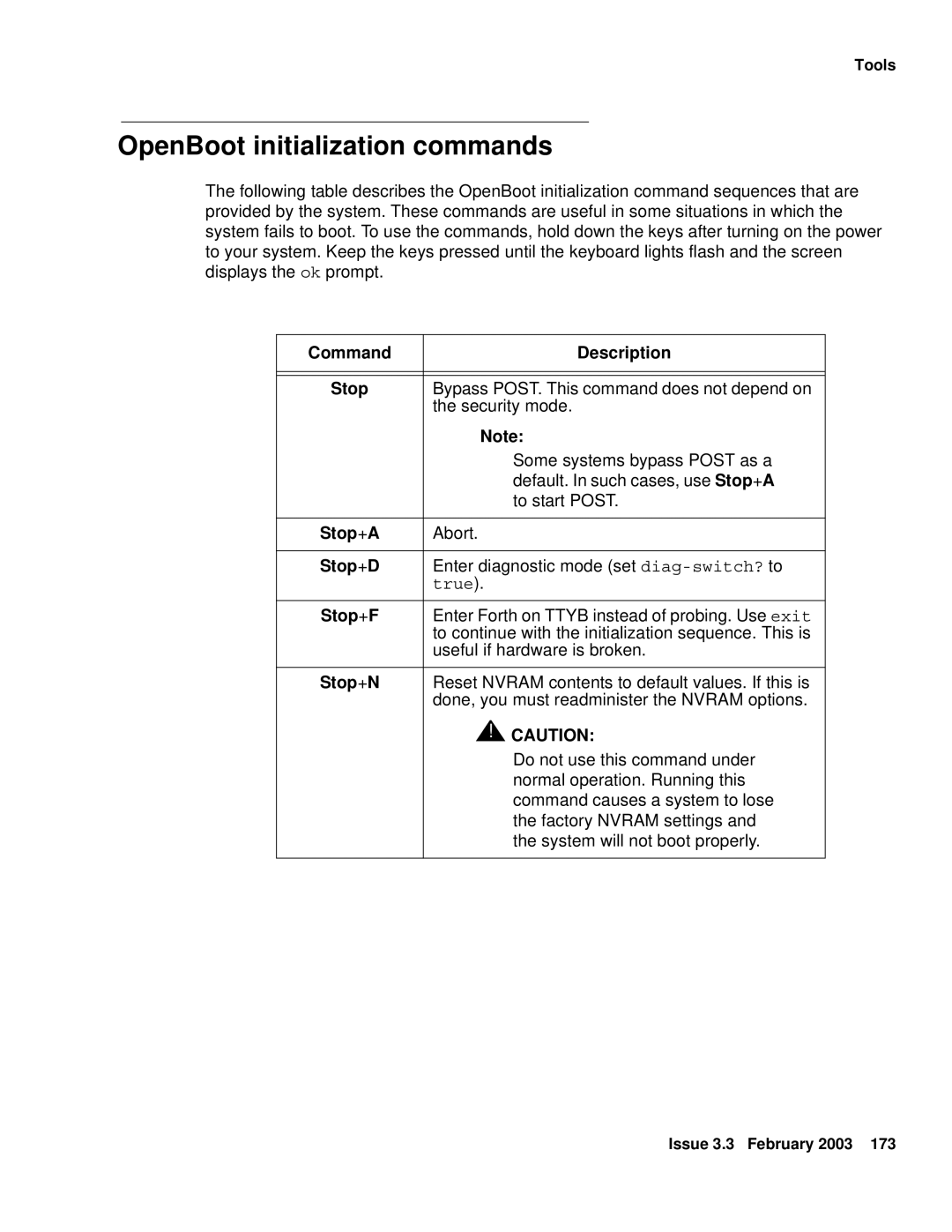 Avaya 585-215-871 manual OpenBoot initialization commands, Stop +A 