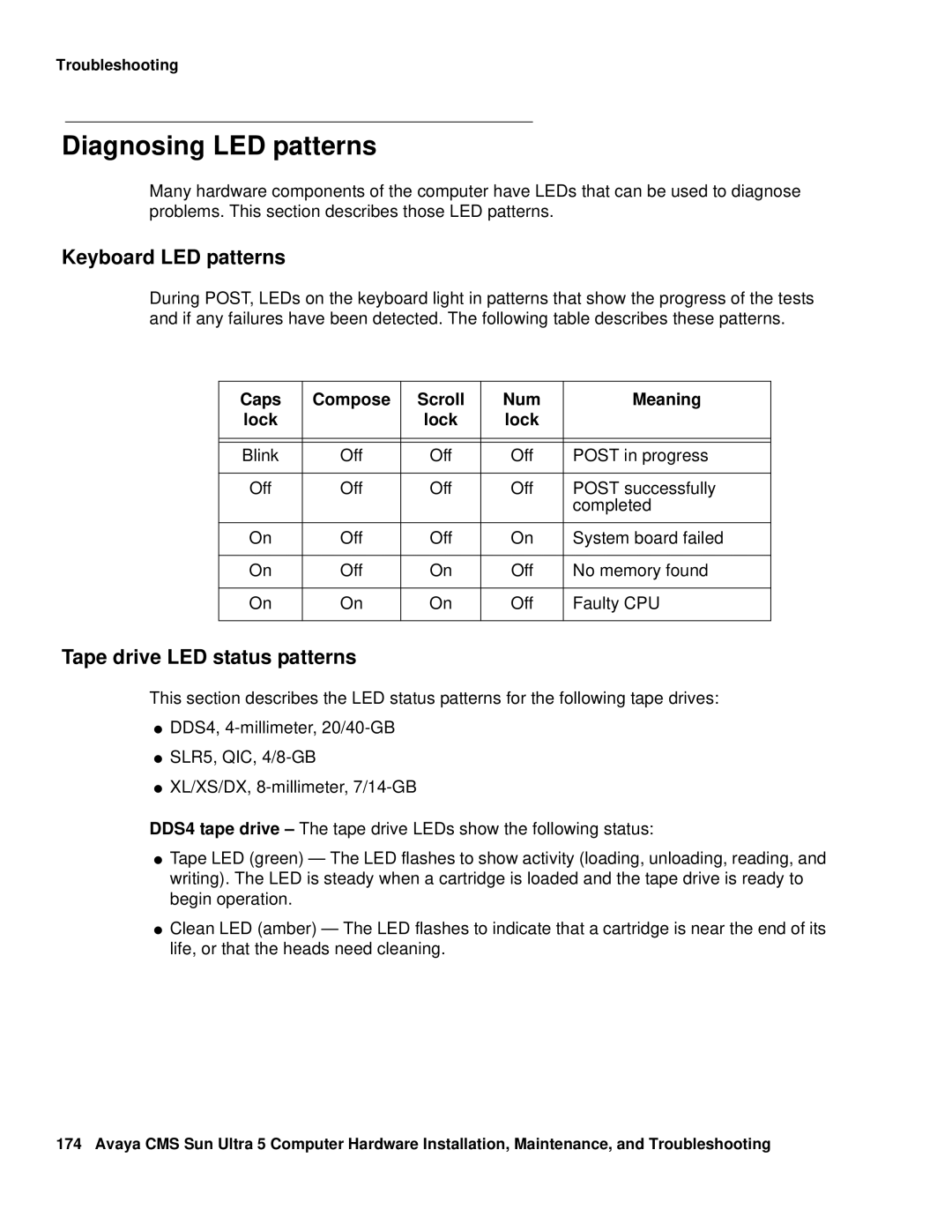 Avaya 585-215-871 manual Diagnosing LED patterns, Keyboard LED patterns, Tape drive LED status patterns 