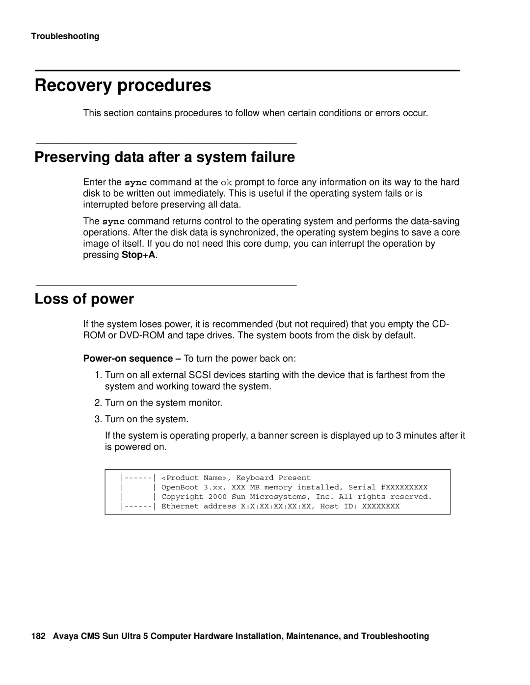 Avaya 585-215-871 manual Recovery procedures, Preserving data after a system failure, Loss of power 