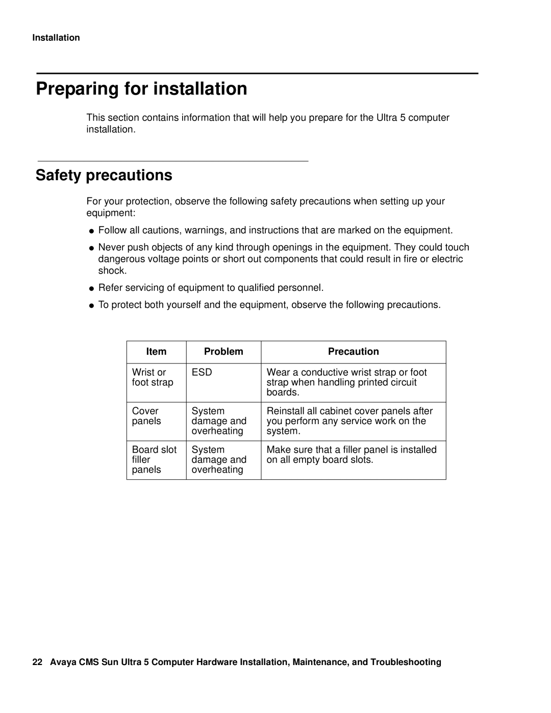 Avaya 585-215-871 manual Preparing for installation, Safety precautions, Problem Precaution, Wrist or 