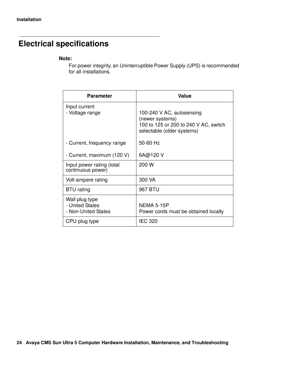 Avaya 585-215-871 manual Electrical specifications, Parameter Value 