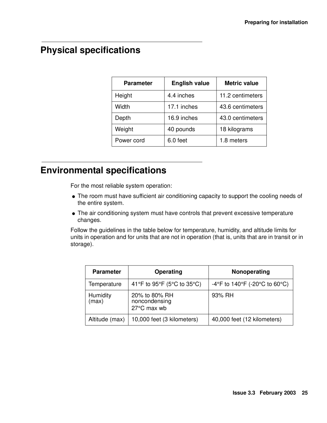 Avaya 585-215-871 manual Physical specifications, Environmental specifications, Parameter English value Metric value 