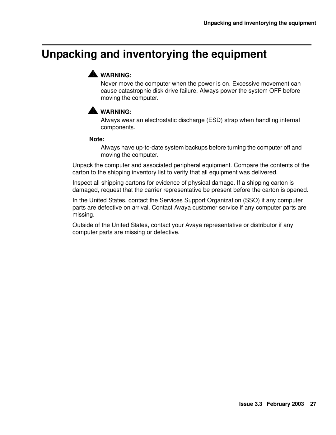 Avaya 585-215-871 manual Unpacking and inventorying the equipment 