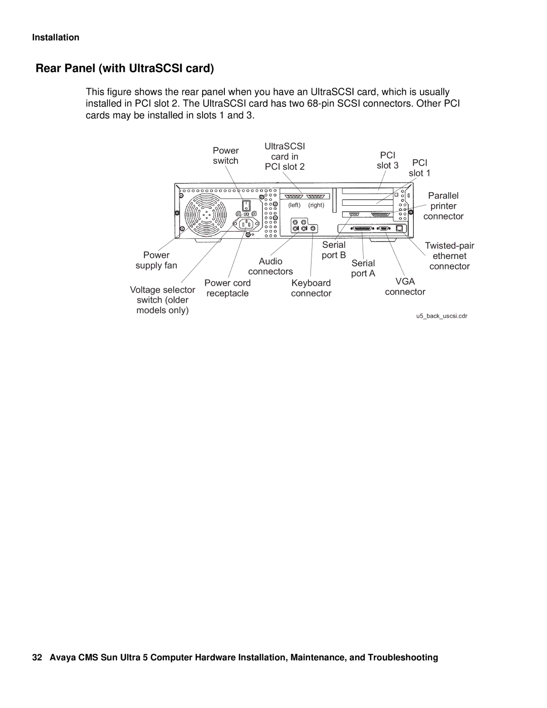 Avaya 585-215-871 manual Rear Panel with UltraSCSI card 