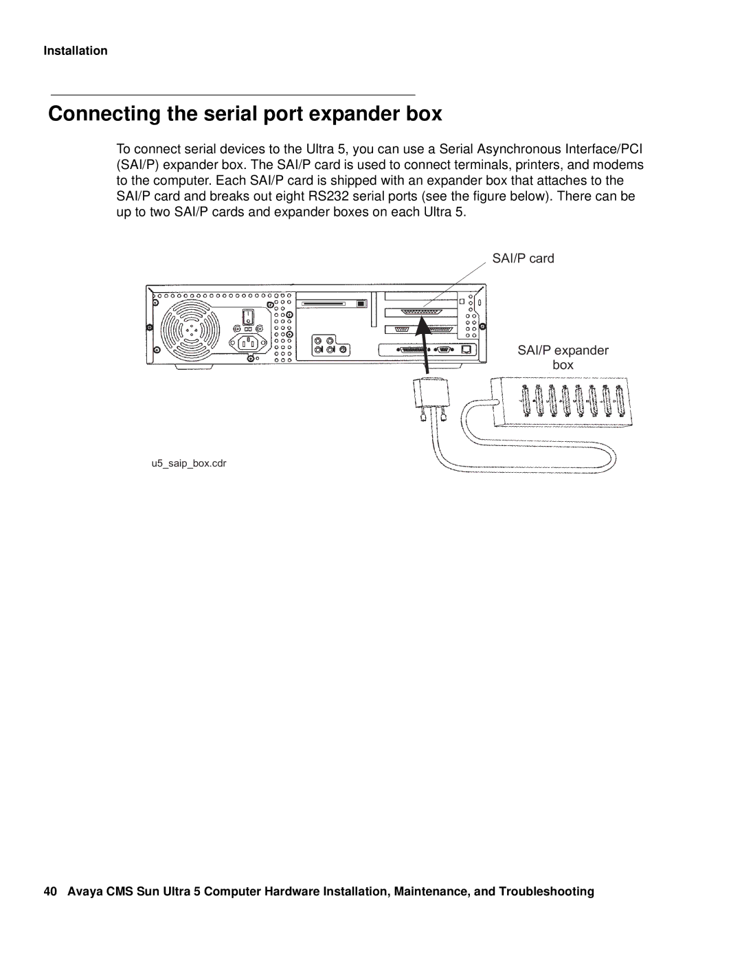 Avaya 585-215-871 manual Connecting the serial port expander box, SAI/P card SAI/P expander Box 