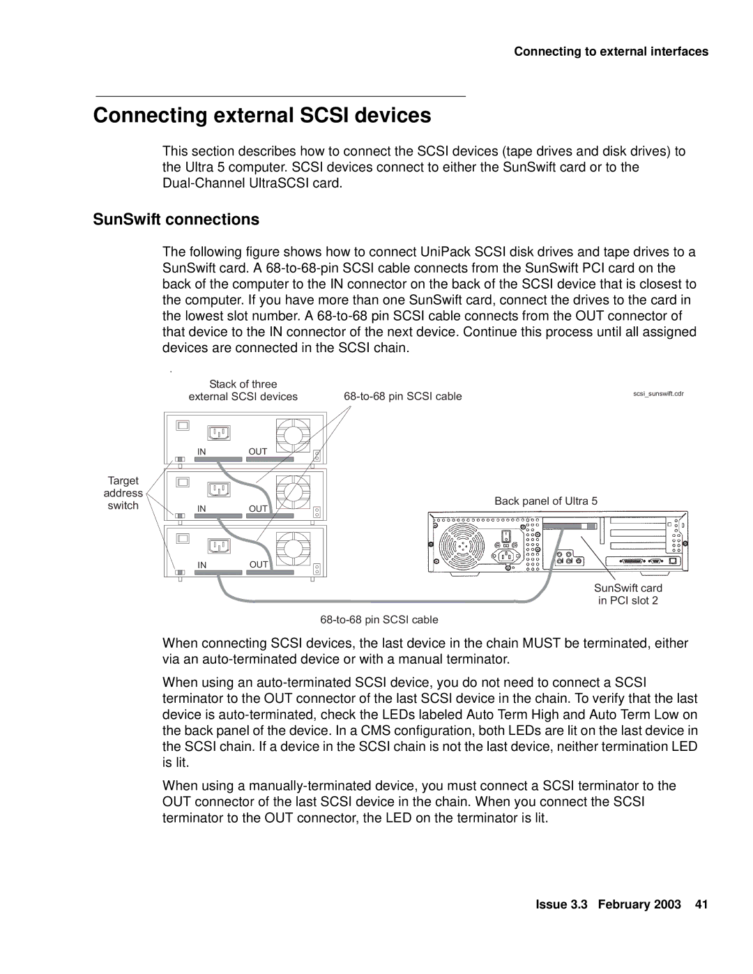 Avaya 585-215-871 manual Connecting external Scsi devices, SunSwift connections 