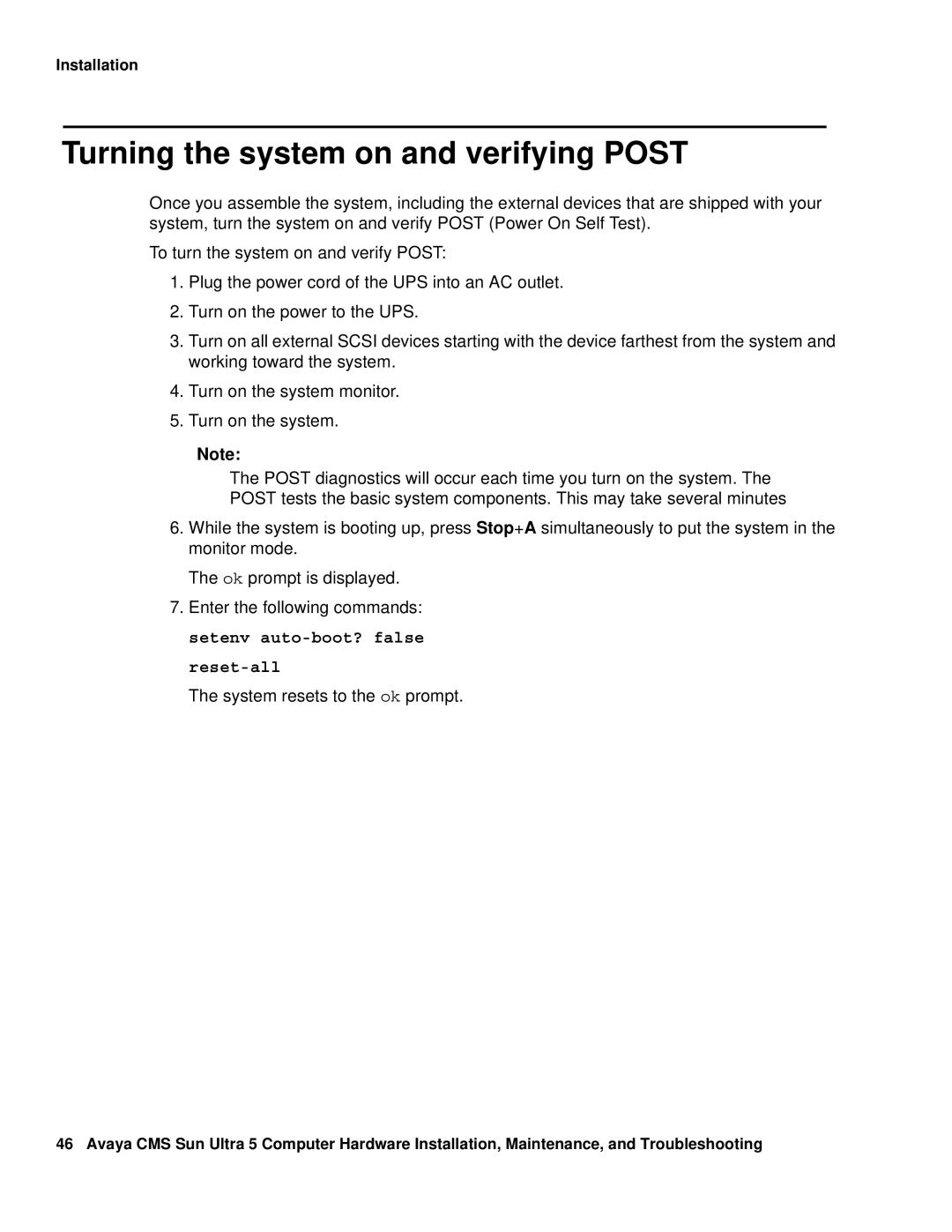 Avaya 585-215-871 manual Turning the system on and verifying Post 