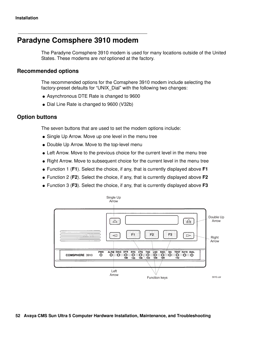 Avaya 585-215-871 manual Paradyne Comsphere 3910 modem, Recommended options, Option buttons 