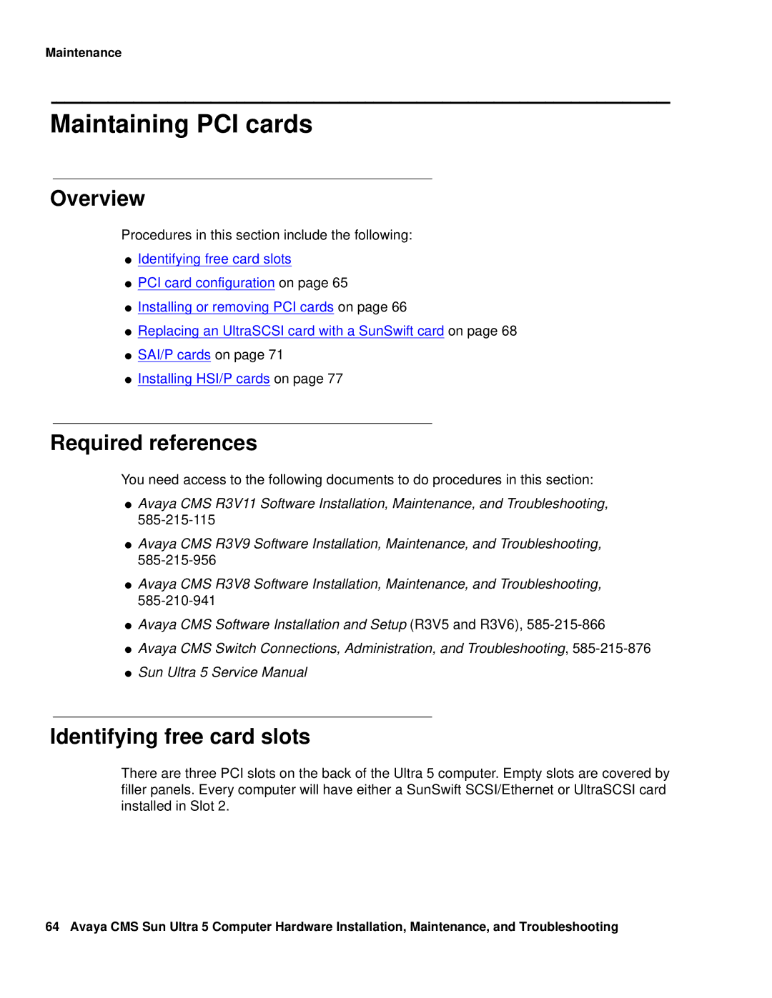 Avaya 585-215-871 manual Maintaining PCI cards, Overview, Required references, Identifying free card slots 