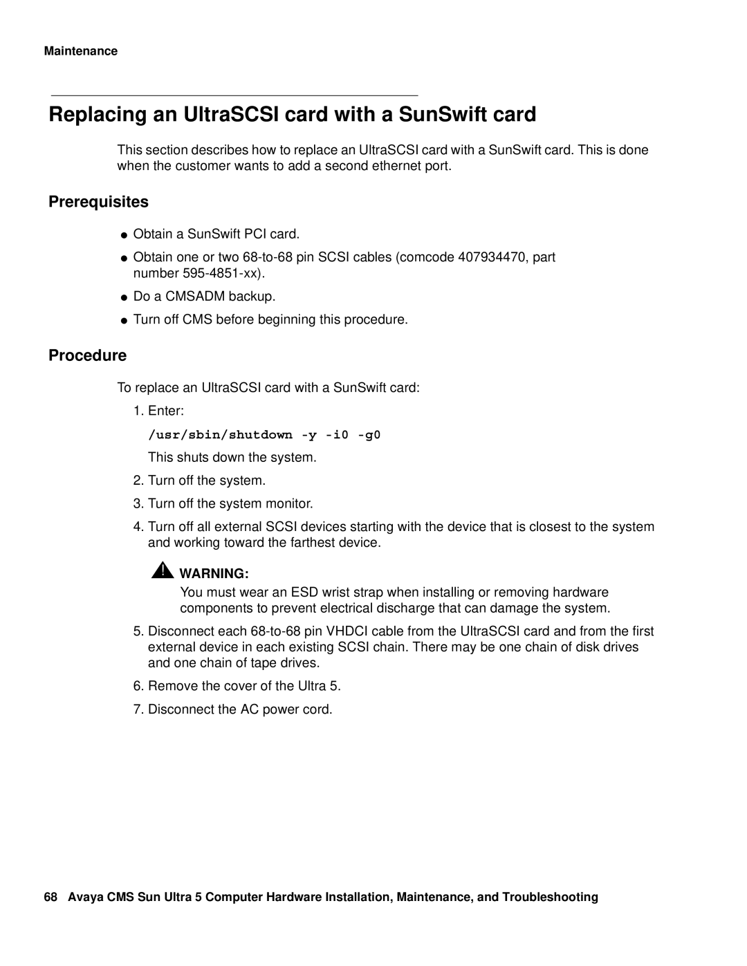 Avaya 585-215-871 manual Replacing an UltraSCSI card with a SunSwift card, Prerequisites, Procedure 