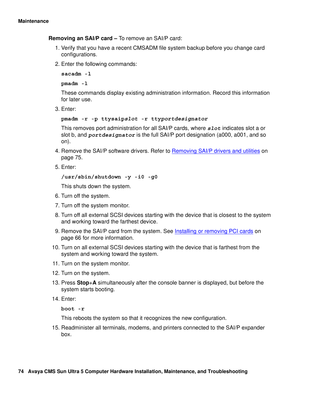 Avaya 585-215-871 manual Removing an SAI/P card To remove an SAI/P card 