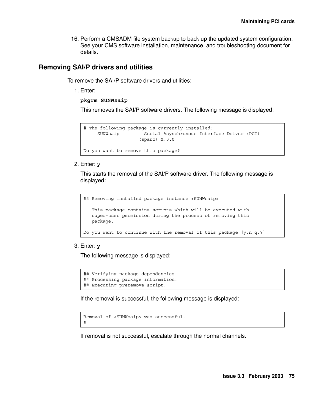 Avaya 585-215-871 manual Removing SAI/P drivers and utilities, To remove the SAI/P software drivers and utilities Enter 