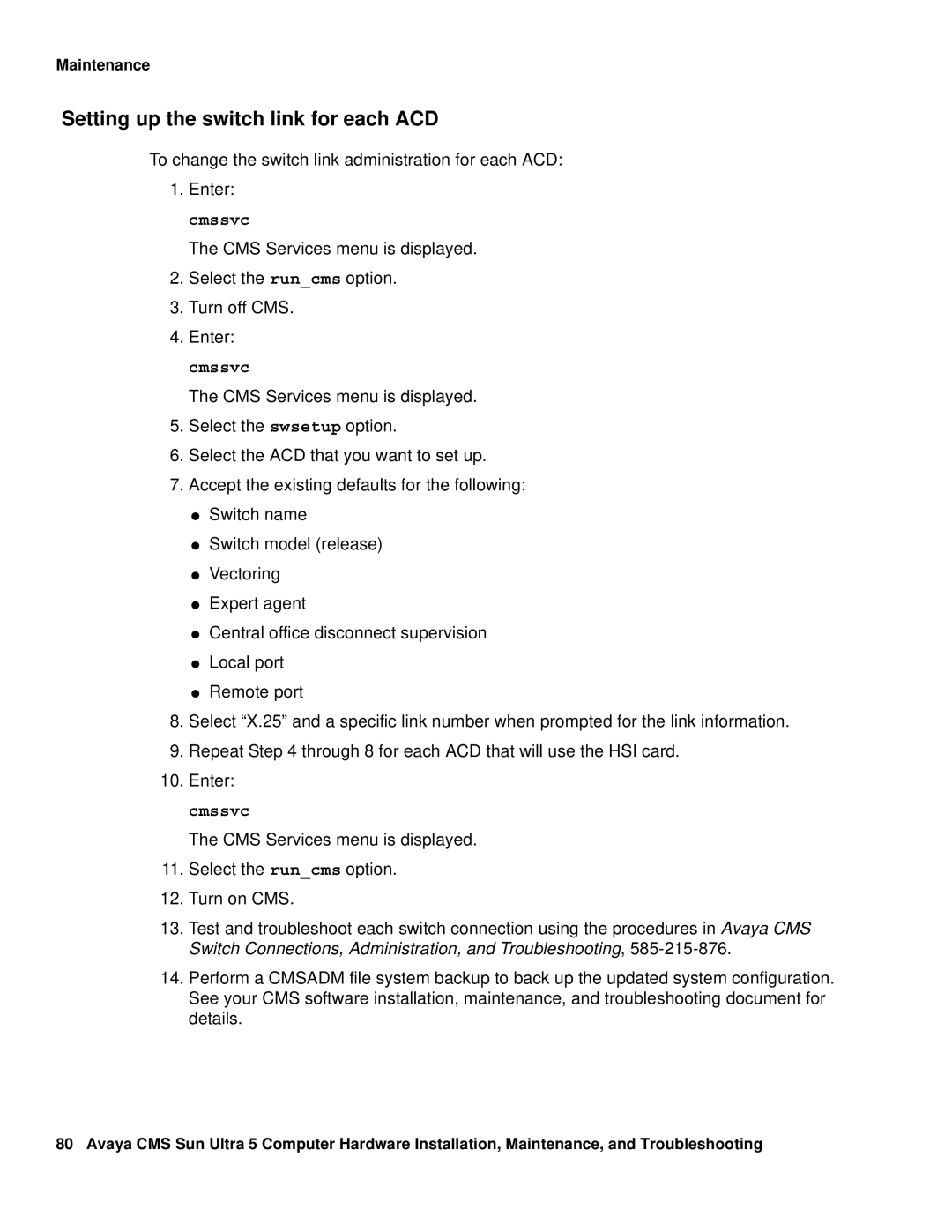 Avaya 585-215-871 manual Setting up the switch link for each ACD 