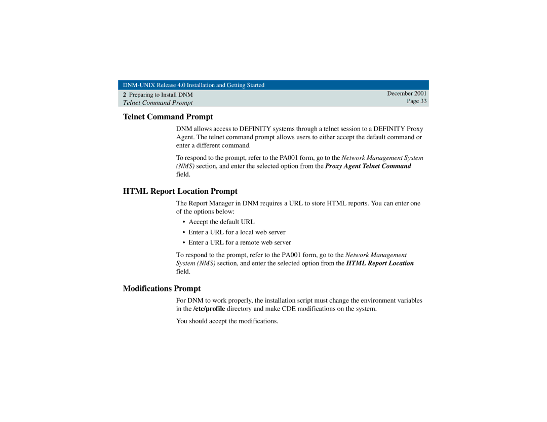 Avaya 585-229-770 manual Telnet Command Prompt, Html Report Location Prompt, Modifications Prompt 