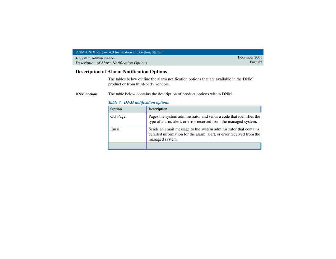 Avaya 585-229-770 manual Description of Alarm Notification Options, DNM notification options 