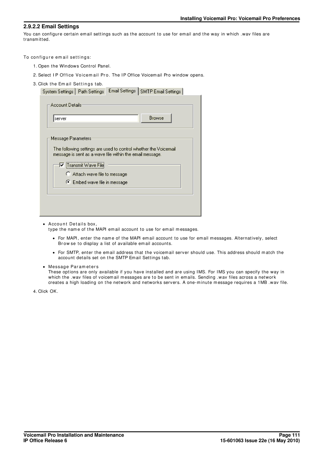 Avaya 6 manual Email Settings, To configure email settings 