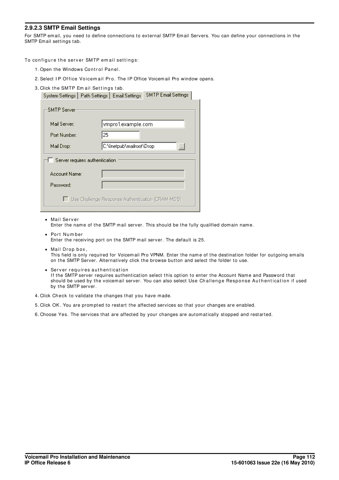 Avaya 6 manual Smtp Email Settings, To configure the server Smtp email settings 