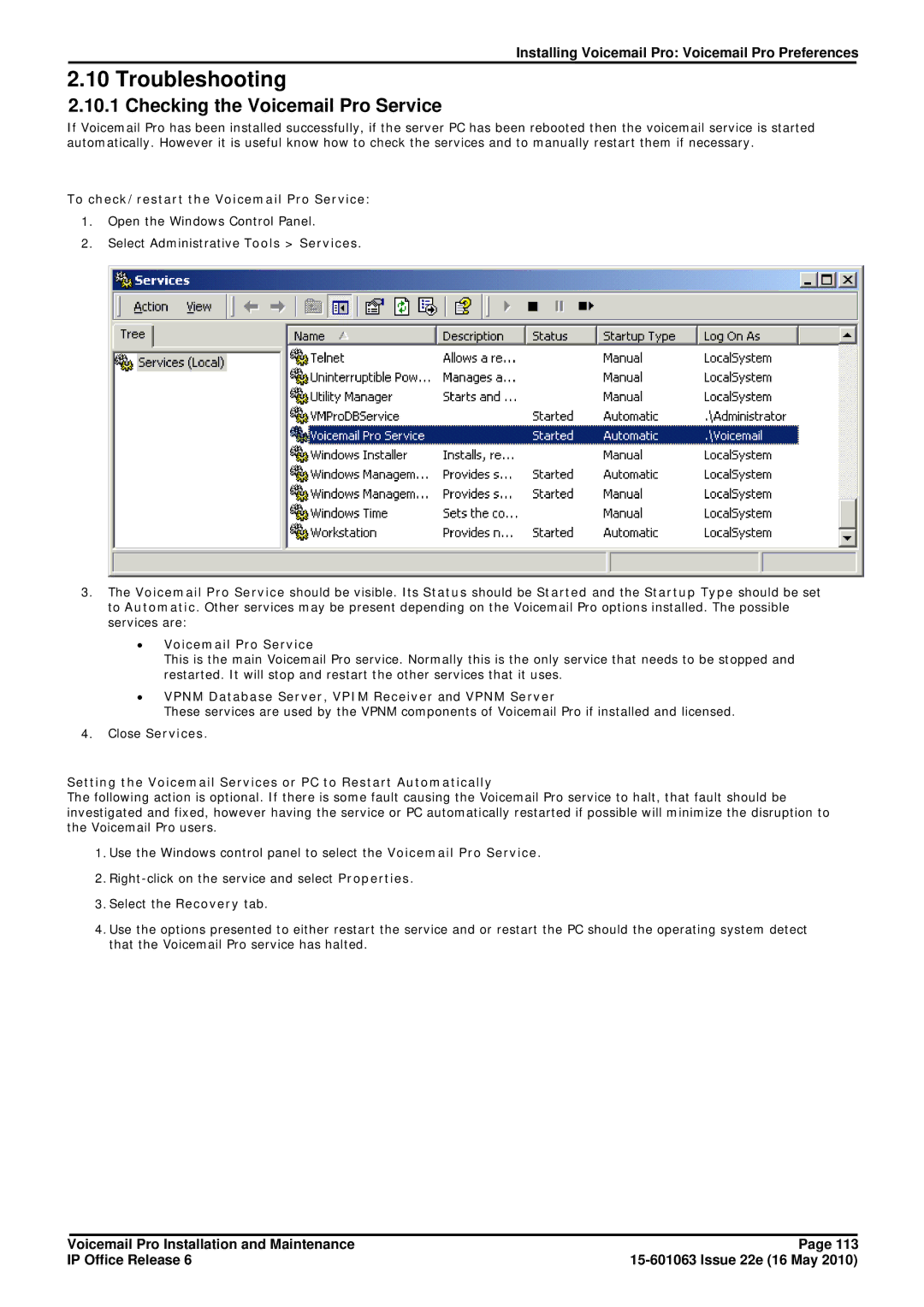 Avaya 6 manual Troubleshooting, Checking the Voicemail Pro Service 