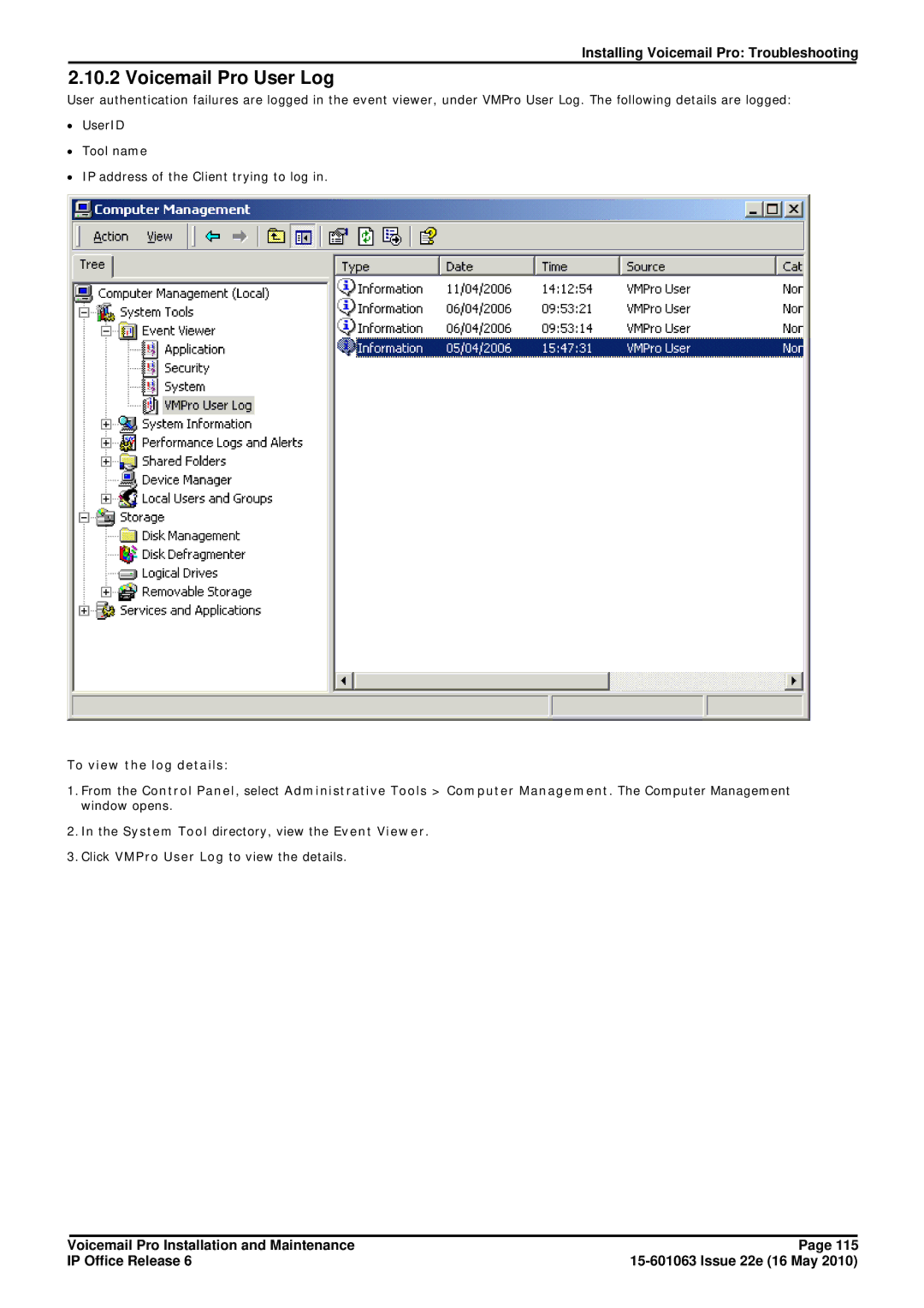 Avaya 6 manual Voicemail Pro User Log 