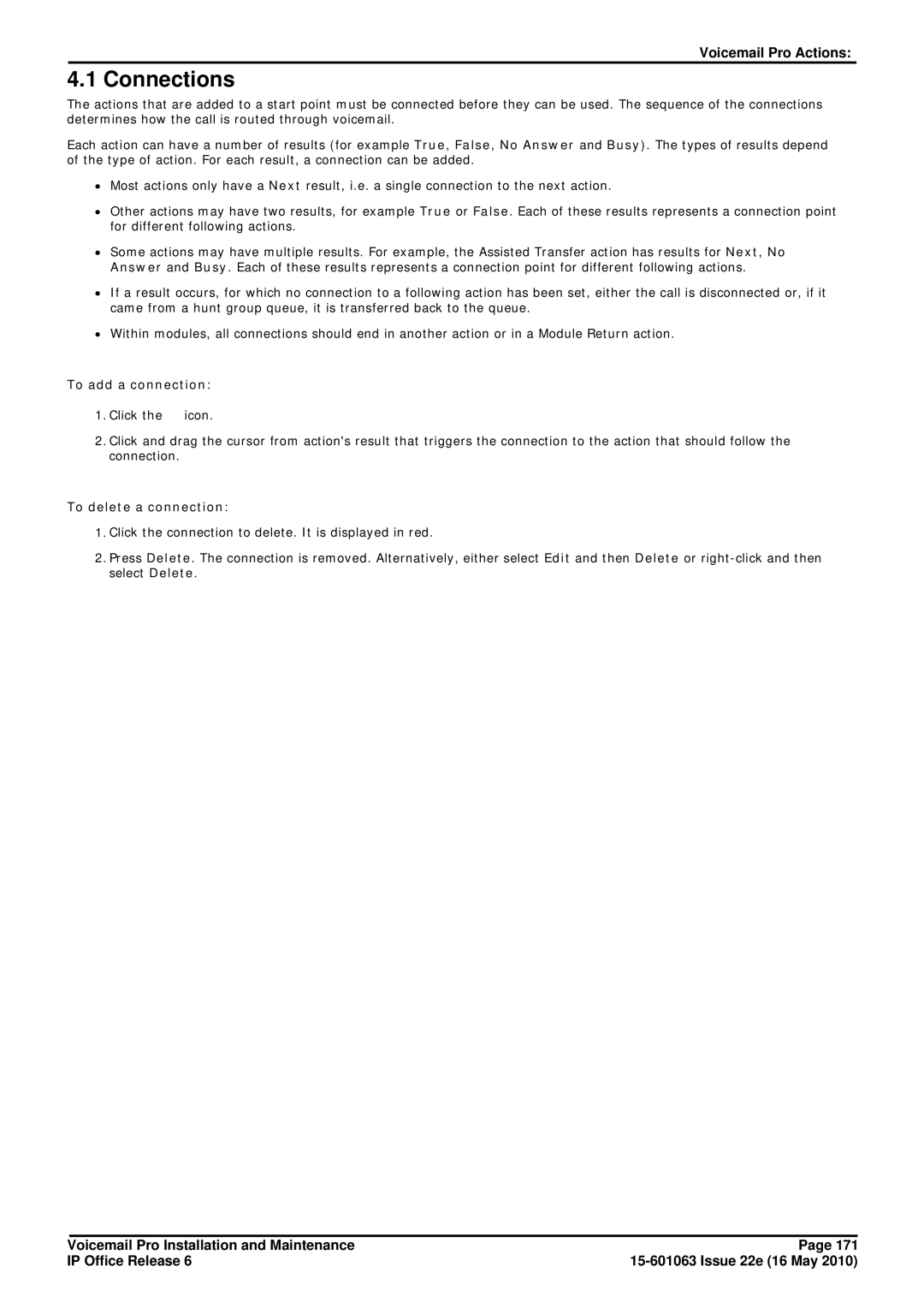 Avaya 6 manual Connections, To add a connection, To delete a connection 