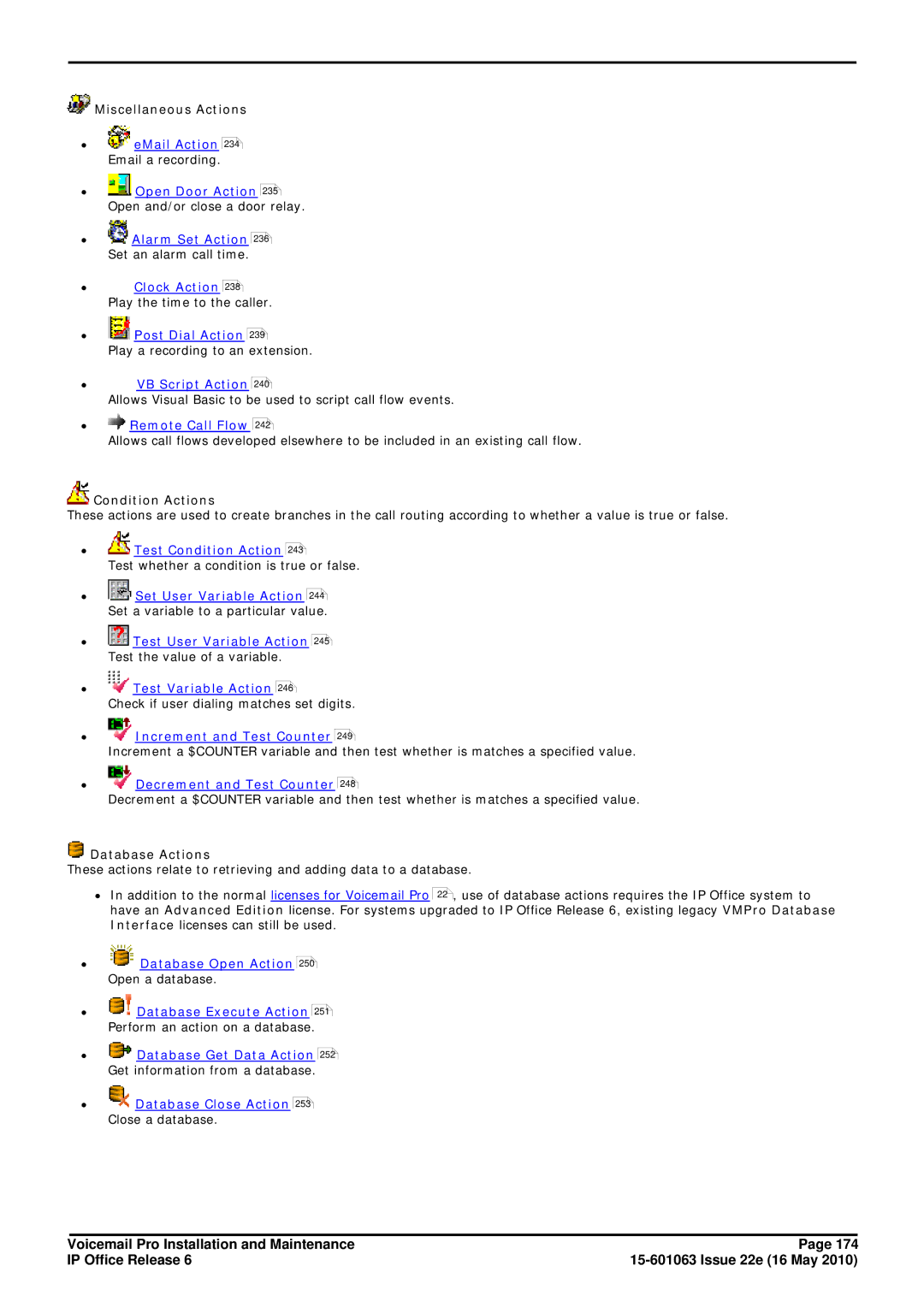 Avaya 6 ∙ eMail Action, ∙ Open Door Action, ∙ Alarm Set Action, ∙ Clock Action, ∙ Post Dial Action, ∙ VB Script Action 