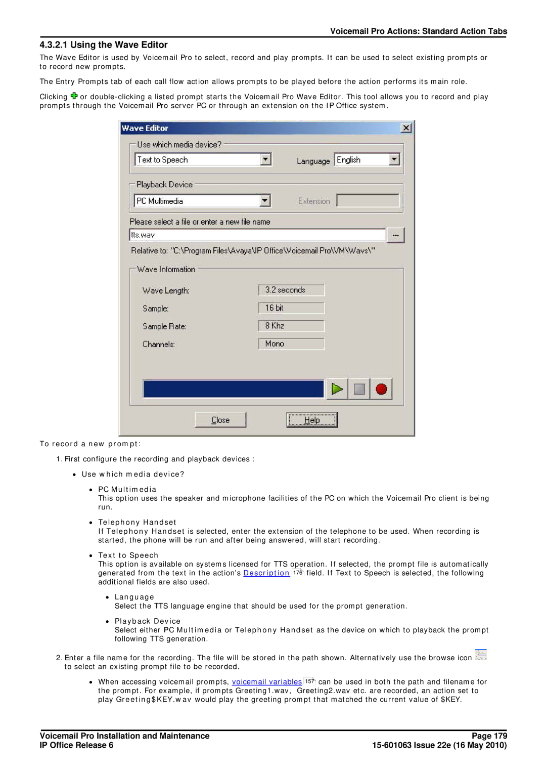 Avaya 6 manual Using the Wave Editor 