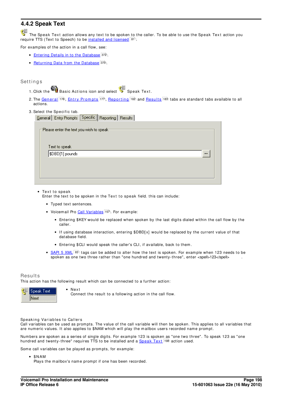 Avaya 6 manual Speak Text, Settings, Results 