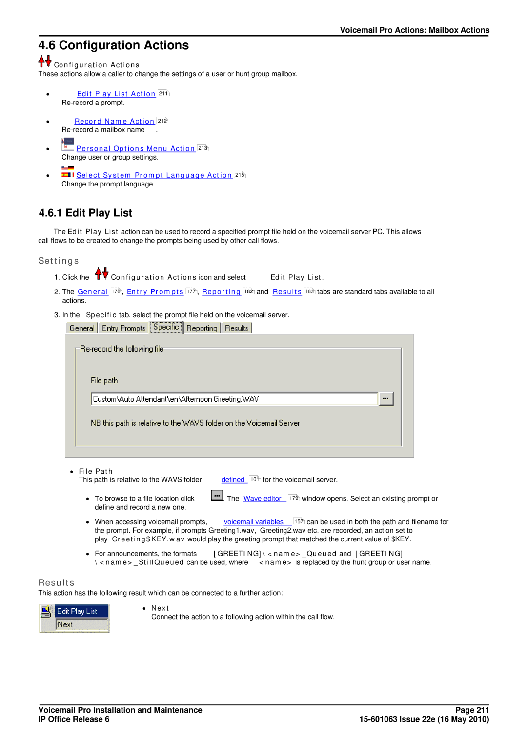 Avaya 6 manual Configuration Actions, Edit Play List, ∙ File Path 
