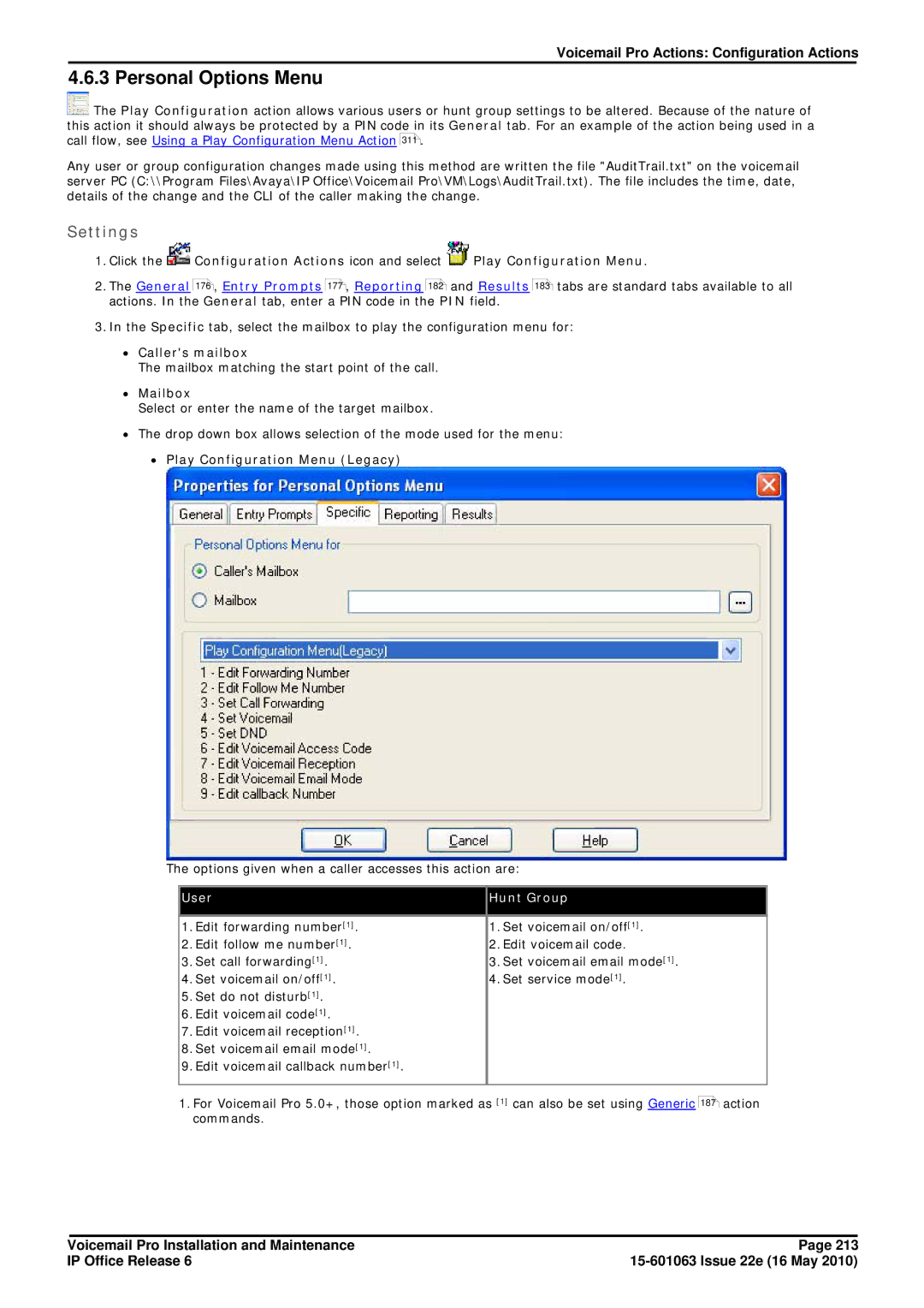 Avaya 6 manual Personal Options Menu, ∙ Play Configuration Menu Legacy 