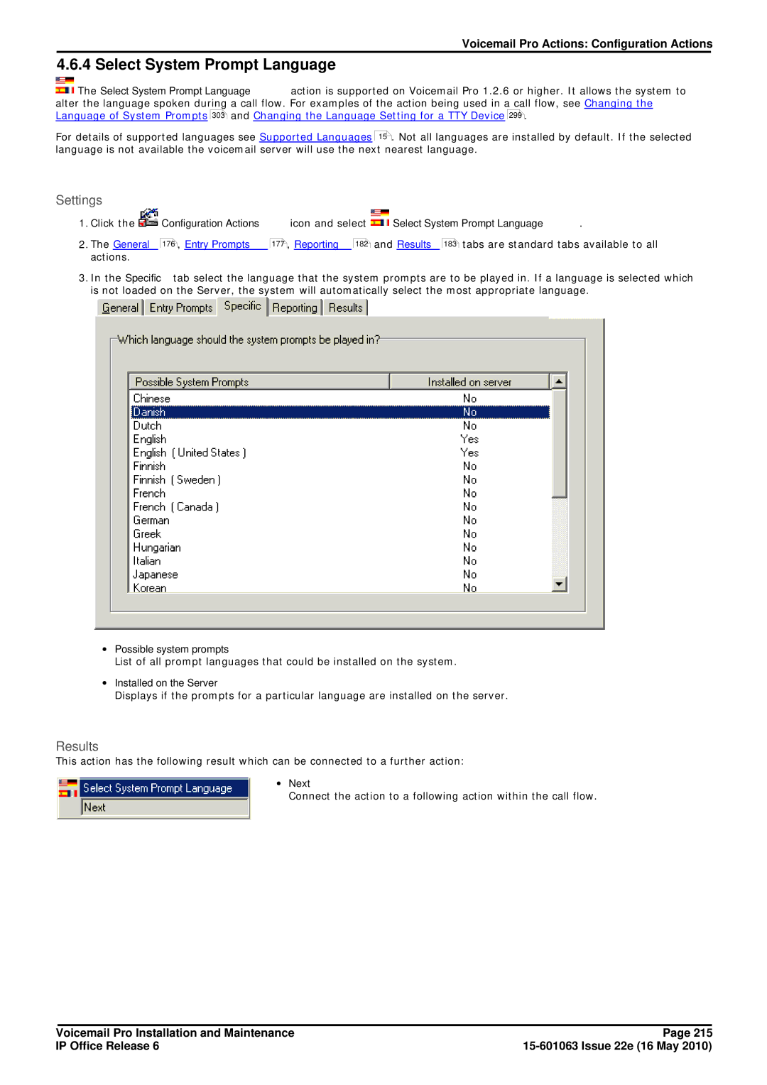 Avaya 6 manual Select System Prompt Language, ∙ Possible system prompts, ∙ Installed on the Server 