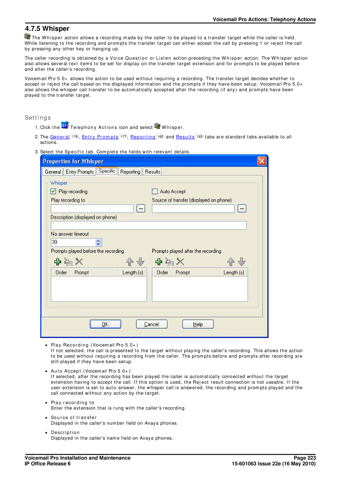 Avaya 6 manual Whisper, ∙ Play recording to, ∙ Source of transfer 