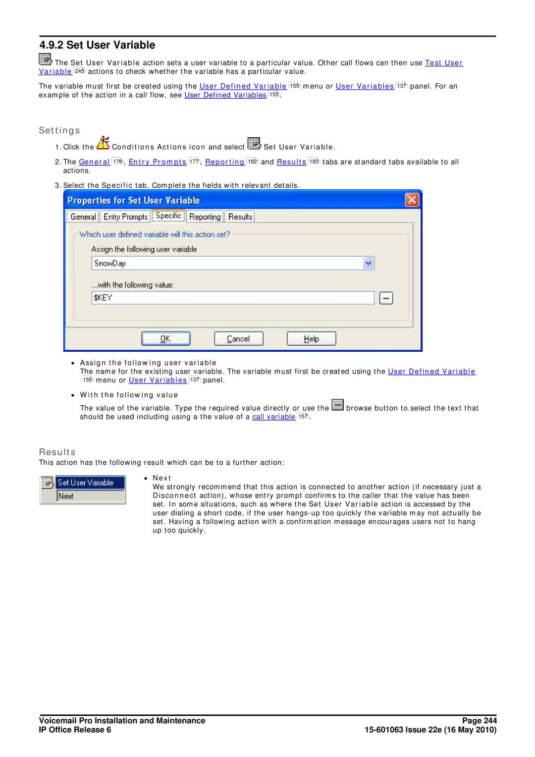 Avaya Set User Variable, General 176 , Entry Prompts 177 , Reporting actions, ∙ Assign the following user variable 