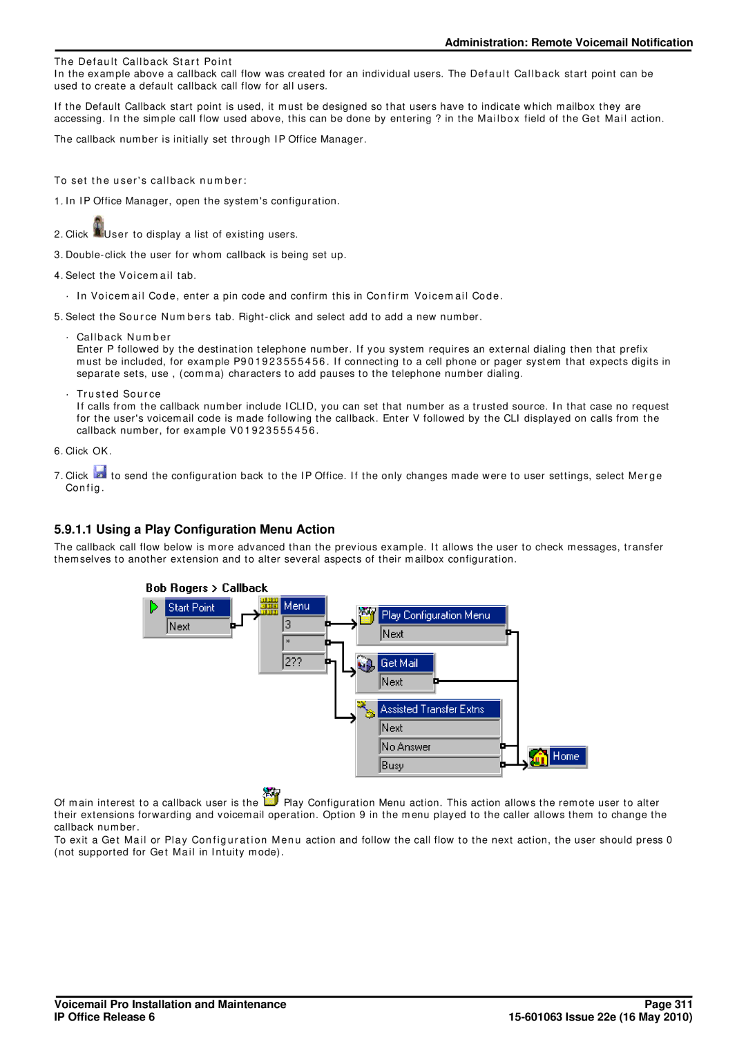 Avaya 6 manual Using a Play Configuration Menu Action, Default Callback Start Point, To set the users callback number 