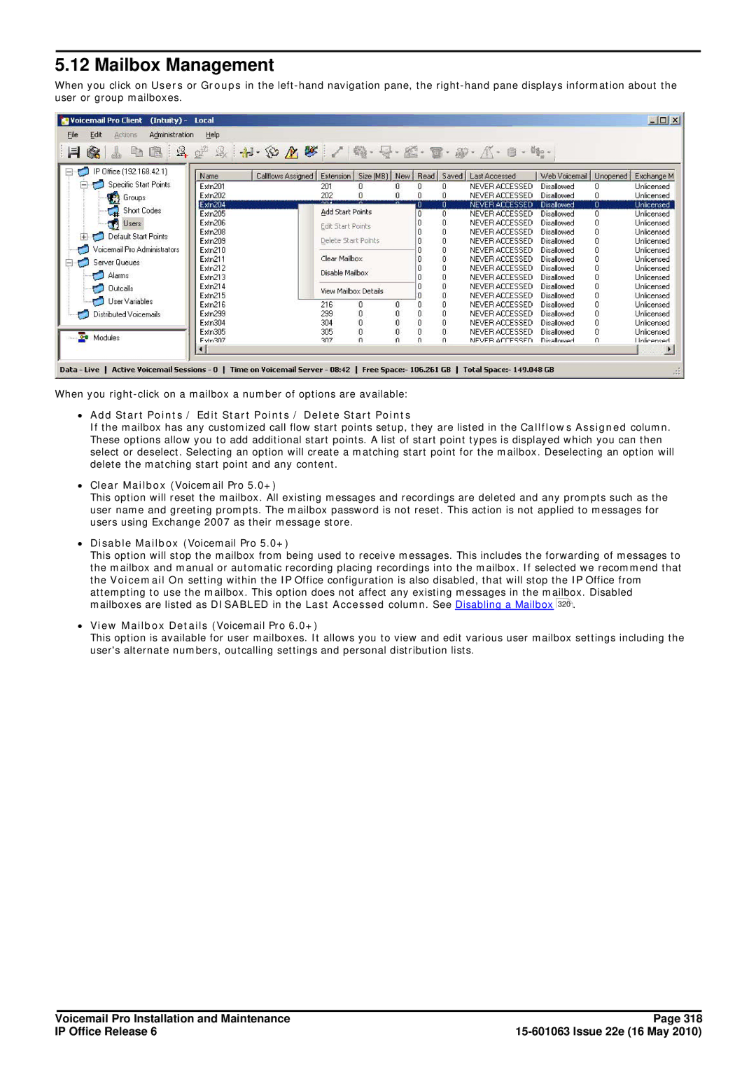 Avaya 6 manual Mailbox Management, ∙ Add Start Points / Edit Start Points / Delete Start Points 