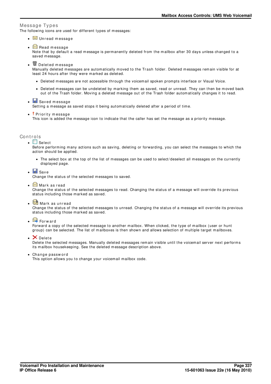 Avaya 6 manual Message Types, Controls 